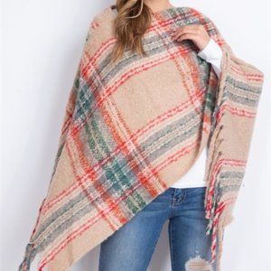 PLAID PRINT FRINGE SWEATER SHAWL PONCHO